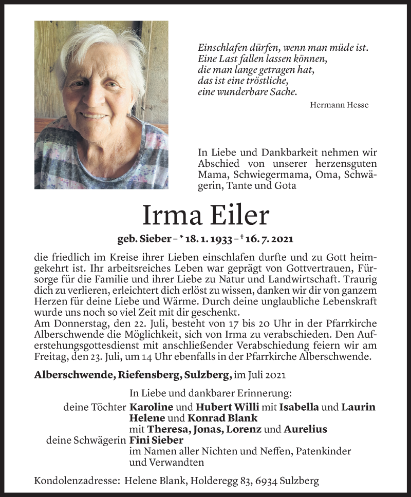  Todesanzeige für Irma Eiler vom 20.07.2021 aus Vorarlberger Nachrichten