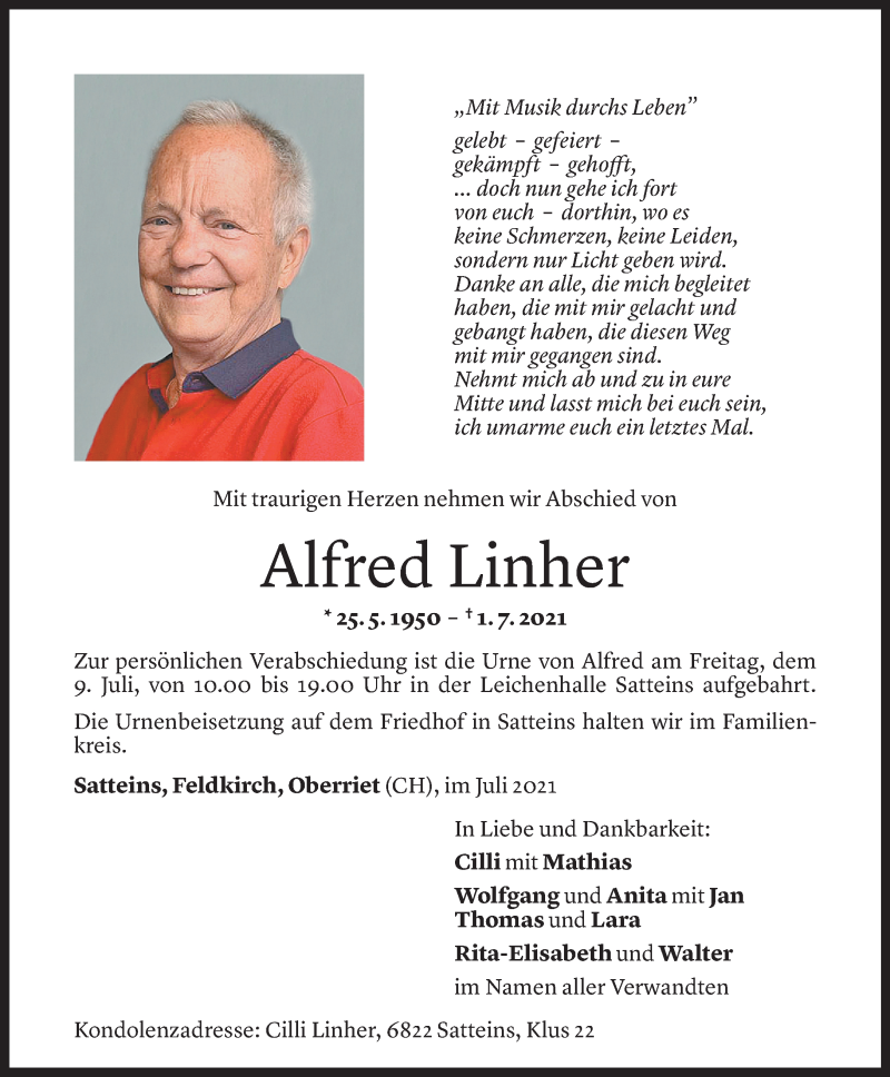  Todesanzeige für Alfred Linher vom 07.07.2021 aus Vorarlberger Nachrichten