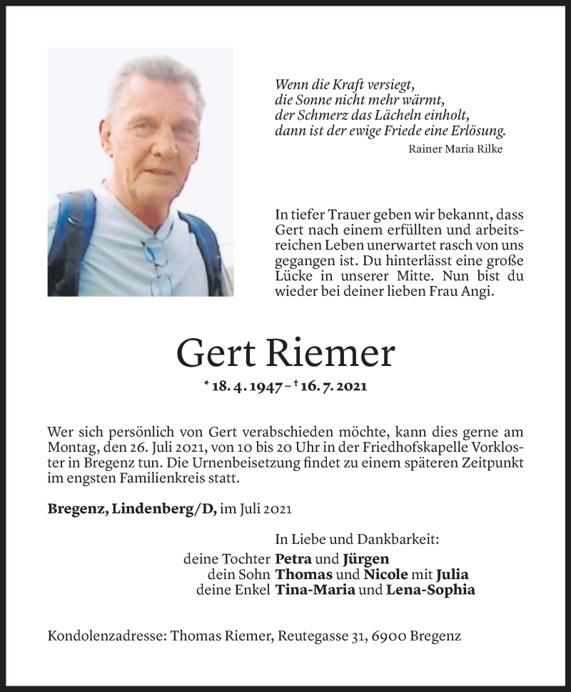  Todesanzeige für Gert Riemer vom 24.07.2021 aus Vorarlberger Nachrichten