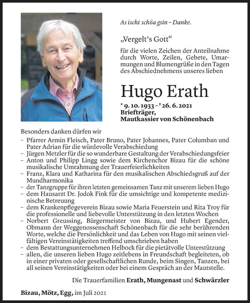  Todesanzeige für Hugo Erath vom 22.07.2021 aus Vorarlberger Nachrichten