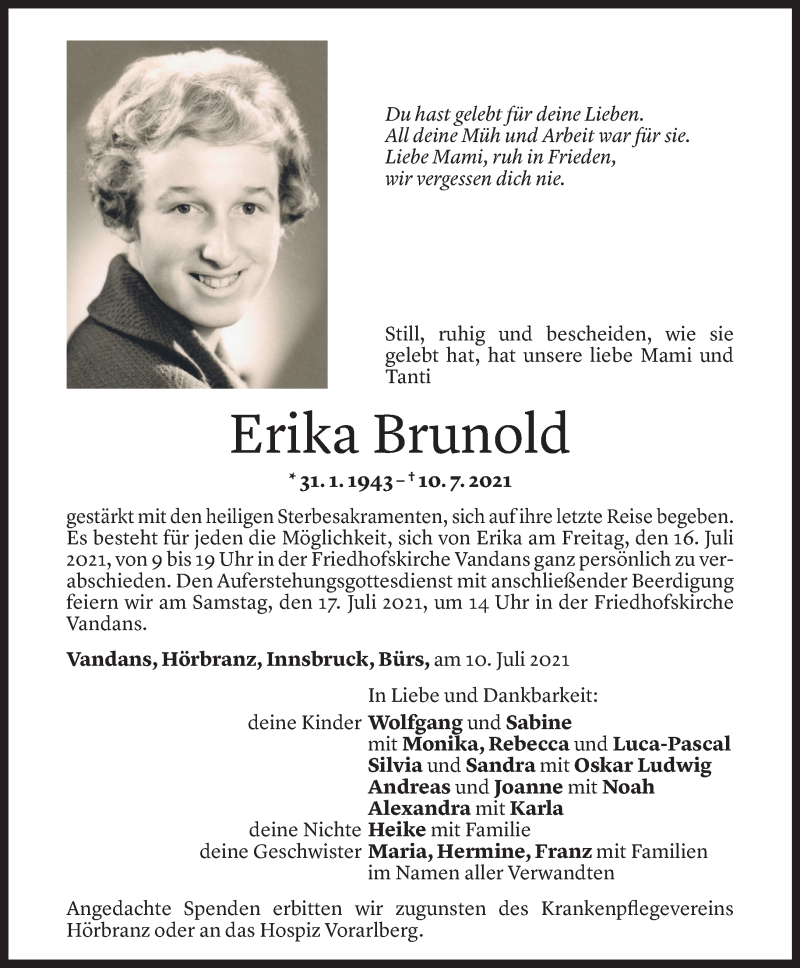  Todesanzeige für Erika Brunold vom 12.07.2021 aus Vorarlberger Nachrichten