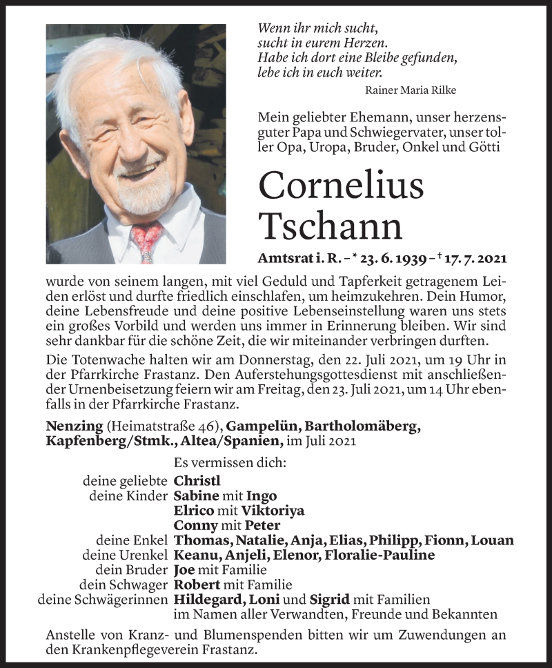  Todesanzeige für Cornelius Tschann vom 19.07.2021 aus Vorarlberger Nachrichten