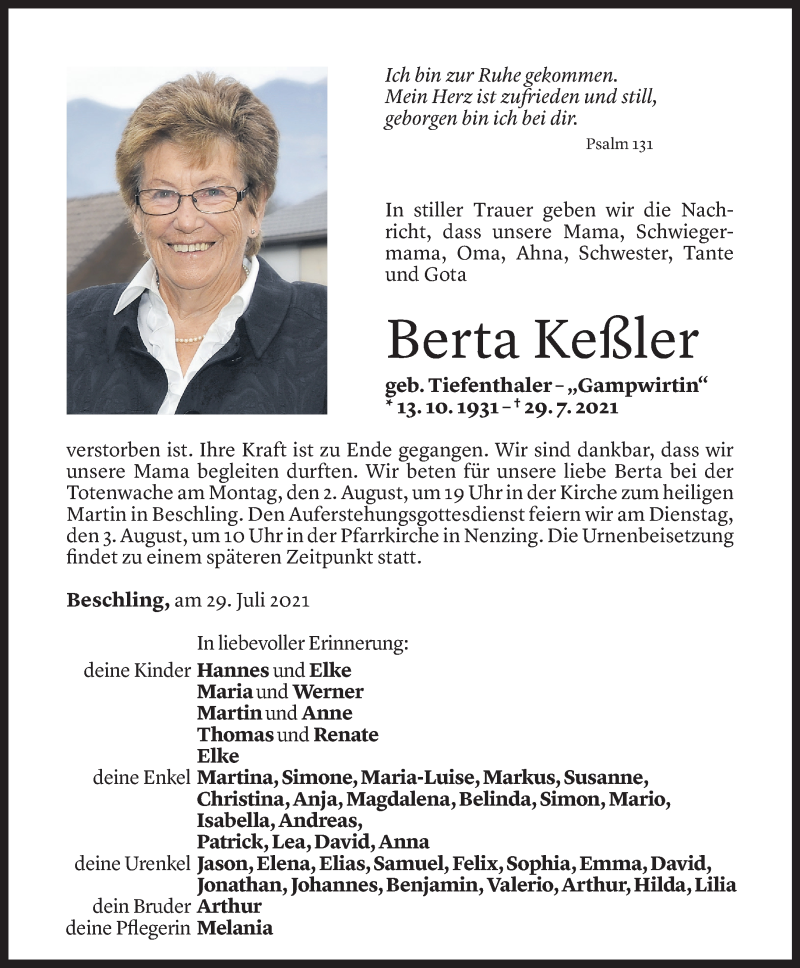  Todesanzeige für Berta Keßler vom 30.07.2021 aus Vorarlberger Nachrichten