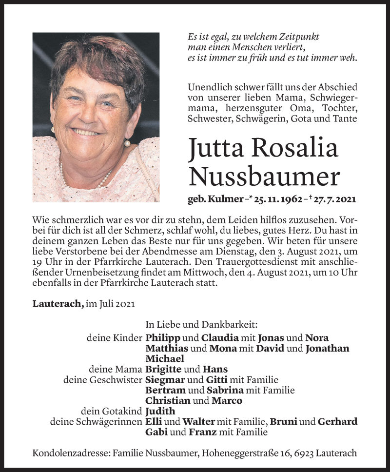  Todesanzeige für Jutta Nussbaumer vom 30.07.2021 aus Vorarlberger Nachrichten