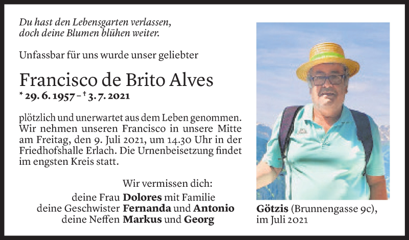  Todesanzeige für Francisco de Brito Alves vom 06.07.2021 aus Vorarlberger Nachrichten