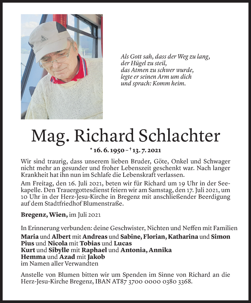  Todesanzeige für Richard Schlachter vom 15.07.2021 aus Vorarlberger Nachrichten