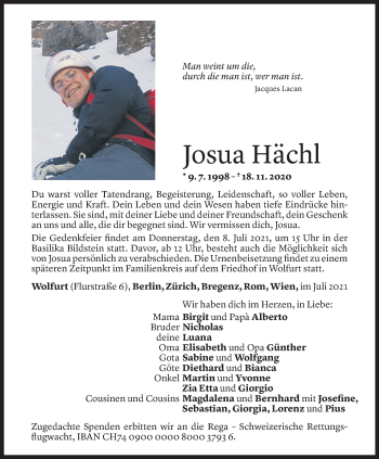 Todesanzeige von Josua Hächl von Vorarlberger Nachrichten