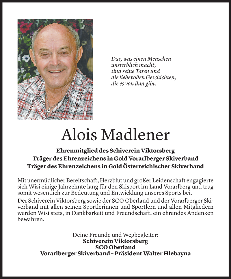  Todesanzeige für Alois Madlener vom 27.07.2021 aus Vorarlberger Nachrichten