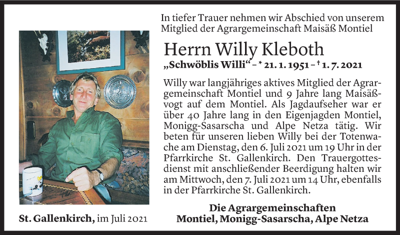  Todesanzeige für Willy Kleboth vom 05.07.2021 aus Vorarlberger Nachrichten