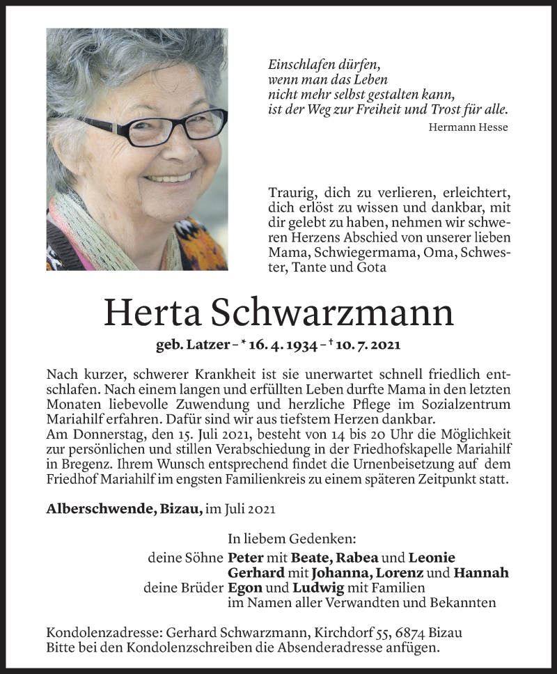  Todesanzeige für Herta Schwarzmann vom 13.07.2021 aus Vorarlberger Nachrichten