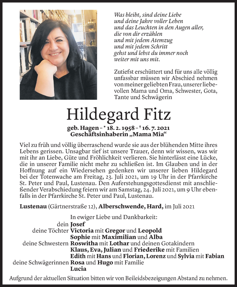  Todesanzeige für Hildegard Fitz vom 21.07.2021 aus Vorarlberger Nachrichten