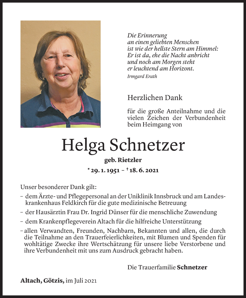  Todesanzeige für Helga Schnetzer vom 07.07.2021 aus Vorarlberger Nachrichten