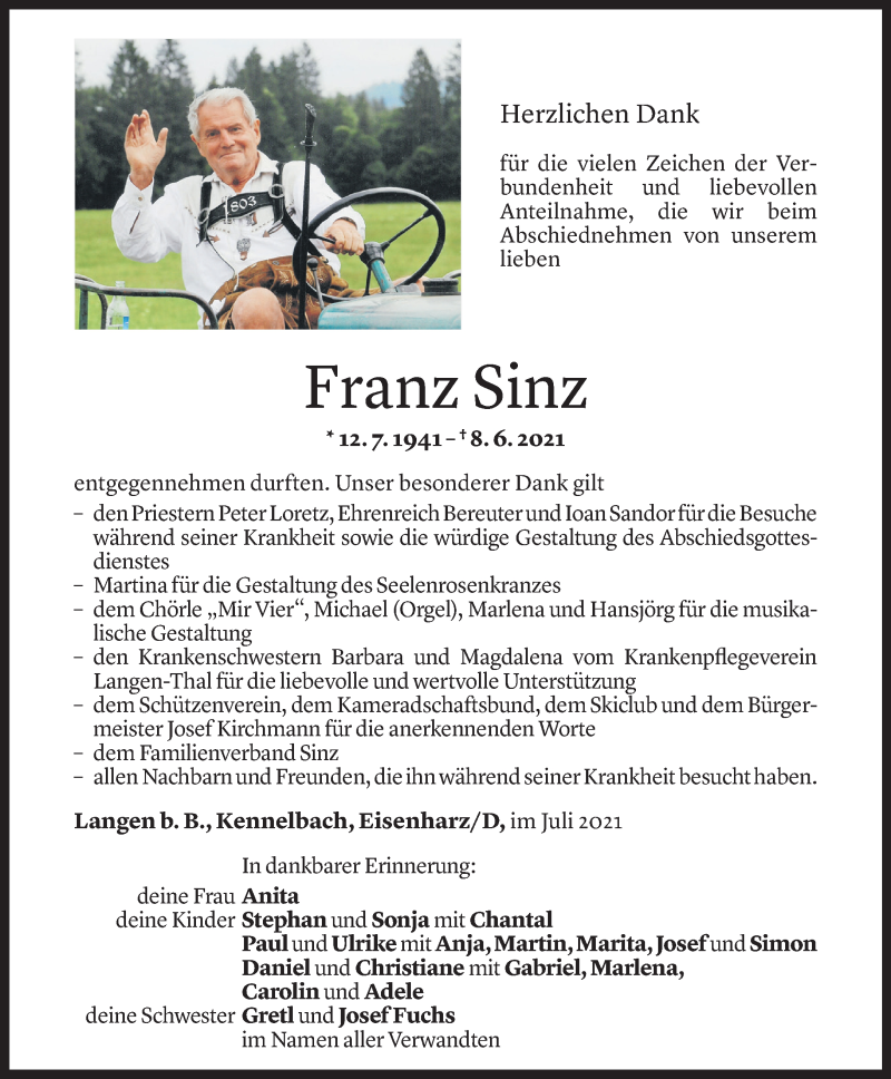  Todesanzeige für Franz Sinz vom 08.07.2021 aus Vorarlberger Nachrichten