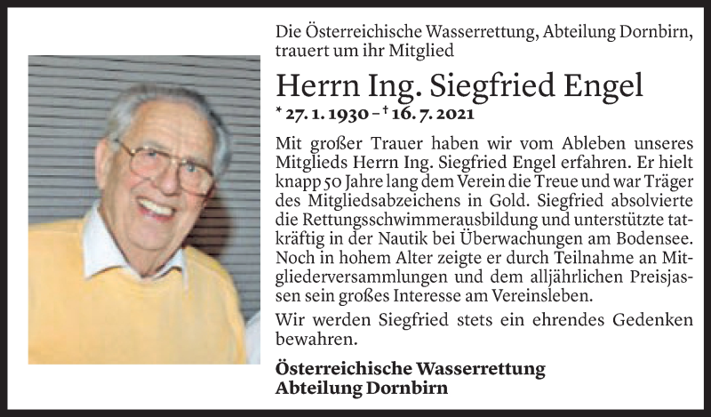  Todesanzeige für Siegfried Engel vom 26.07.2021 aus Vorarlberger Nachrichten
