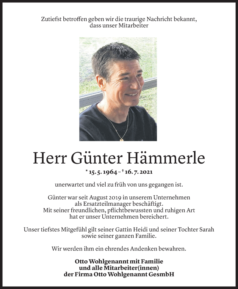  Todesanzeige für Günter Hämmerle vom 20.07.2021 aus Vorarlberger Nachrichten