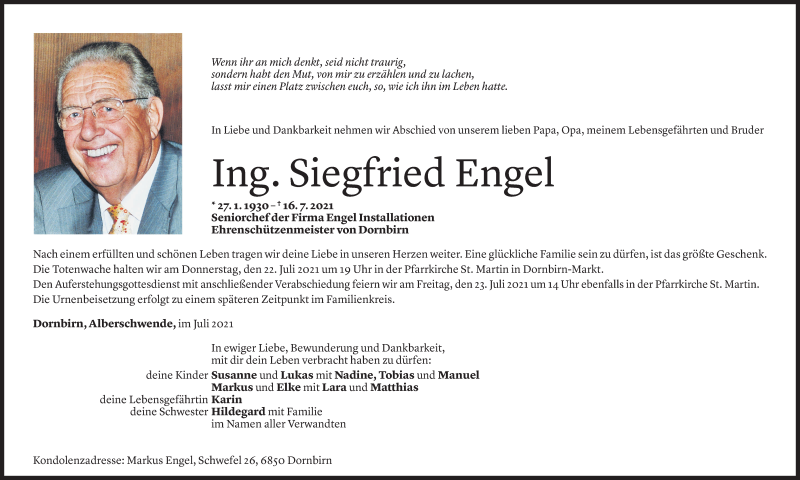  Todesanzeige für Siegfried Engel vom 19.07.2021 aus Vorarlberger Nachrichten
