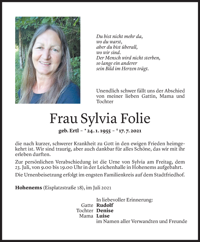  Todesanzeige für Sylvia Folie vom 21.07.2021 aus Vorarlberger Nachrichten