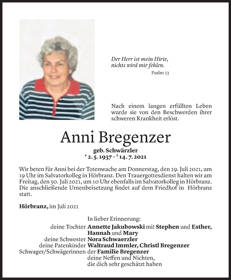  Todesanzeige für Anni Bregenzer vom 27.07.2021 aus Vorarlberger Nachrichten