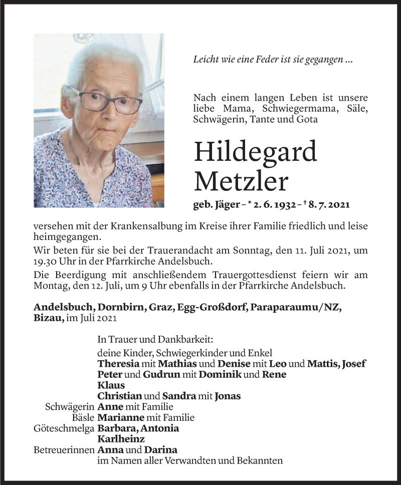  Todesanzeige für Hildegard Metzler vom 09.07.2021 aus vorarlberger nachrichten