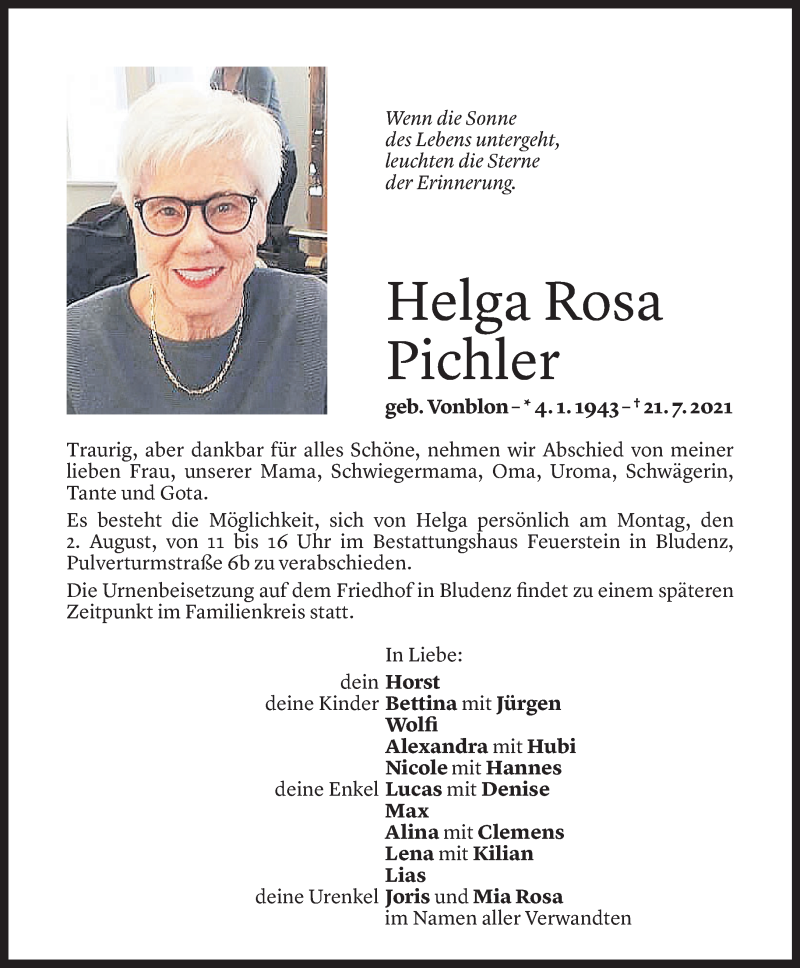  Todesanzeige für Helga Rosa Pichler vom 30.07.2021 aus Vorarlberger Nachrichten