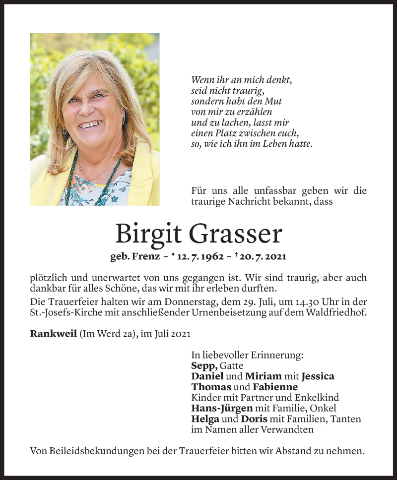  Todesanzeige für Birgit Grasser vom 24.07.2021 aus Vorarlberger Nachrichten