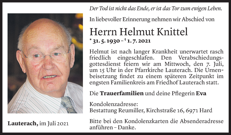  Todesanzeige für Helmut Knittel vom 05.07.2021 aus Vorarlberger Nachrichten