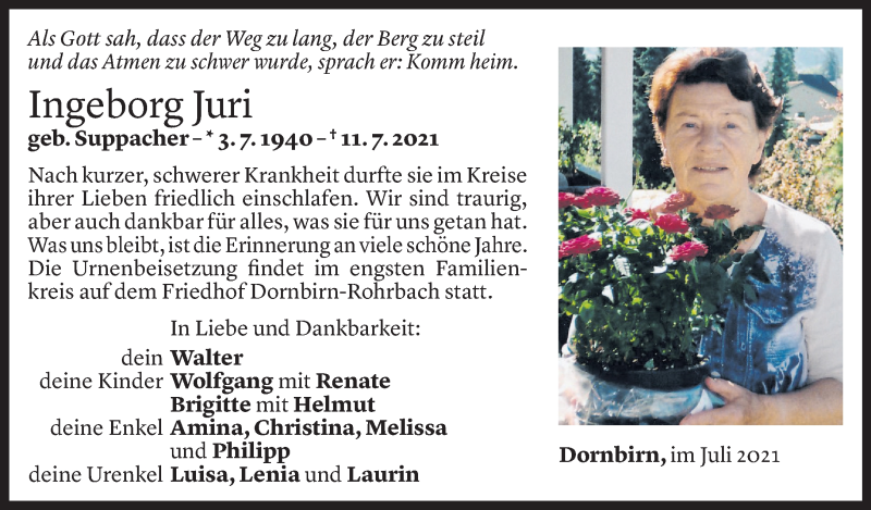  Todesanzeige für Ingeborg Juri vom 14.07.2021 aus Vorarlberger Nachrichten