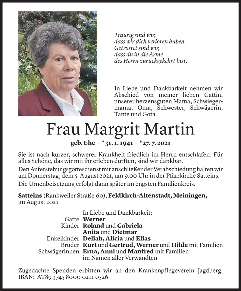  Todesanzeige für Margrit Martin vom 03.08.2021 aus Vorarlberger Nachrichten