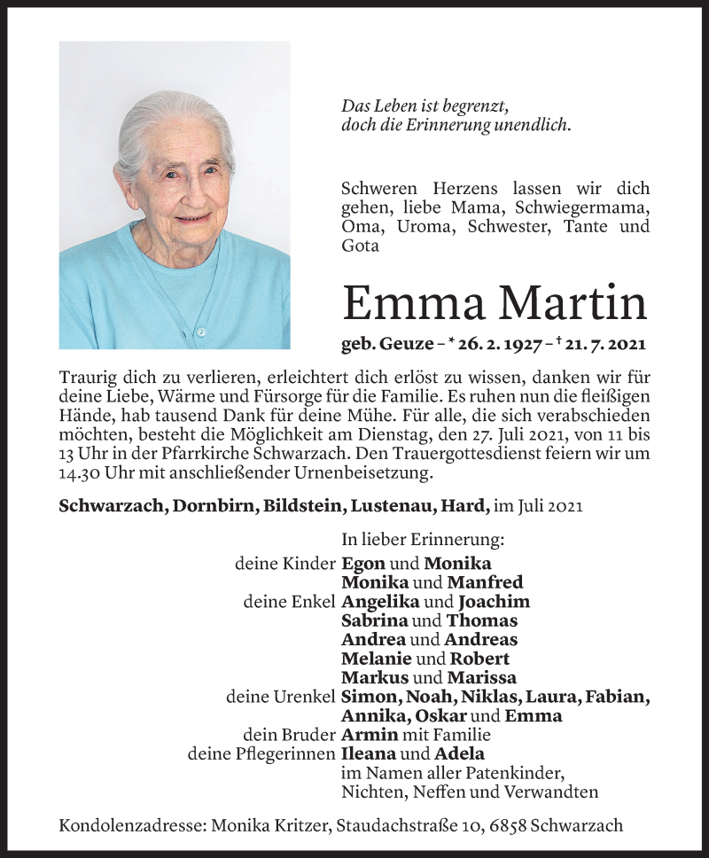  Todesanzeige für Emma Martin vom 23.07.2021 aus Vorarlberger Nachrichten