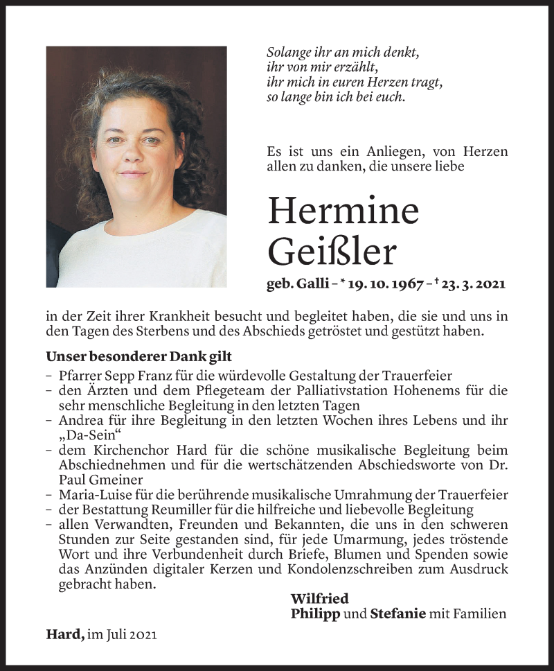  Todesanzeige für Hermine Geißler vom 02.07.2021 aus Vorarlberger Nachrichten