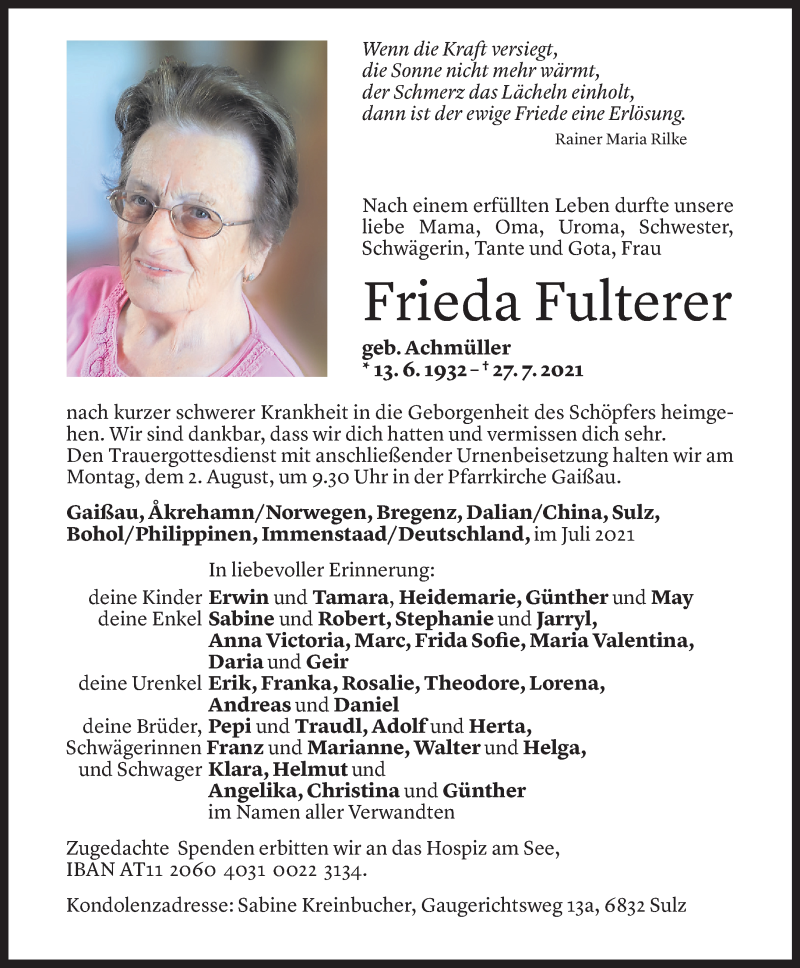  Todesanzeige für Frieda Fulterer vom 29.07.2021 aus Vorarlberger Nachrichten