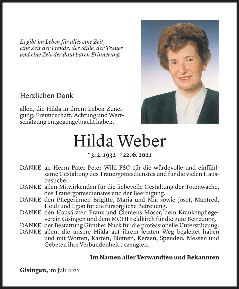  Todesanzeige für Hilda Weber vom 20.07.2021 aus Vorarlberger Nachrichten