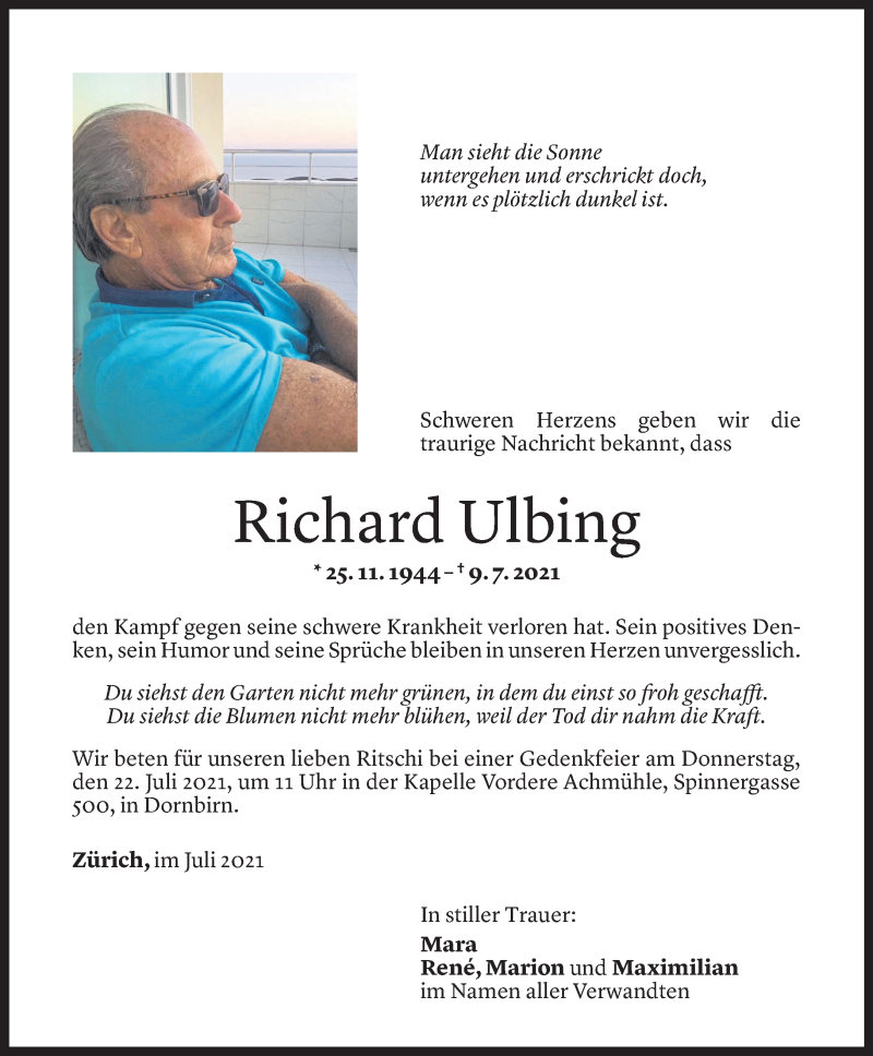 Todesanzeige für Richard Ulbing vom 19.07.2021 aus Vorarlberger Nachrichten