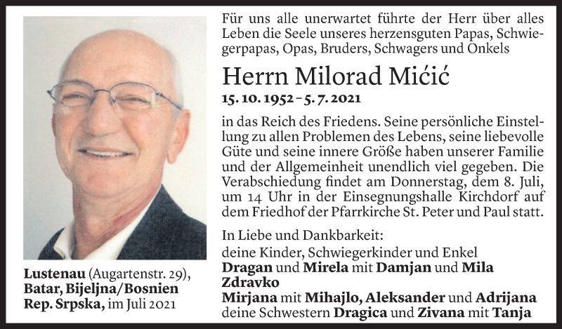  Todesanzeige für Milorad Micic vom 05.07.2021 aus Vorarlberger Nachrichten
