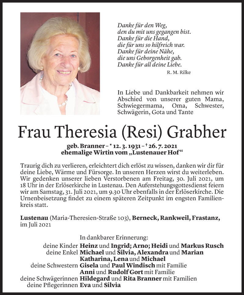  Todesanzeige für Theresia Grabher vom 28.07.2021 aus Vorarlberger Nachrichten