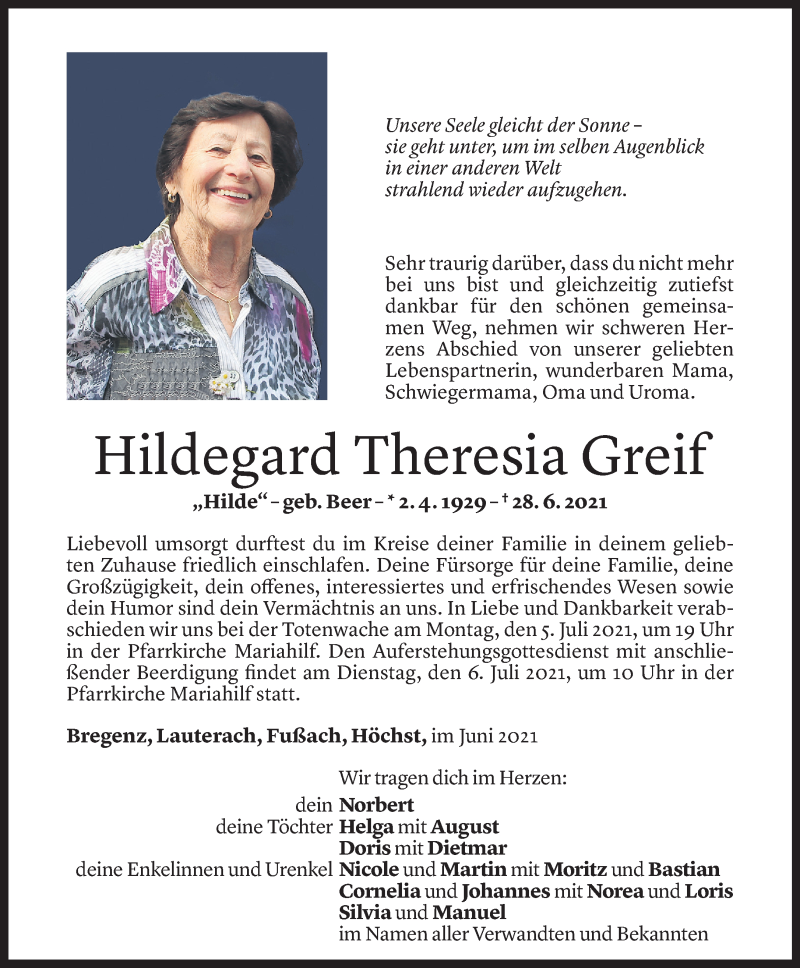  Todesanzeige für Hildegard Theresia Greif vom 02.07.2021 aus Vorarlberger Nachrichten