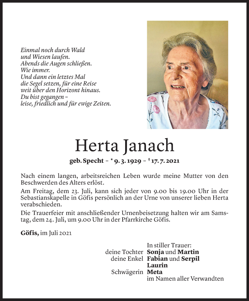  Todesanzeige für Herta Janach vom 21.07.2021 aus Vorarlberger Nachrichten