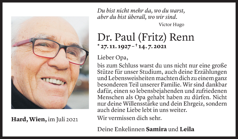  Todesanzeige für Paul Renn vom 19.07.2021 aus Vorarlberger Nachrichten