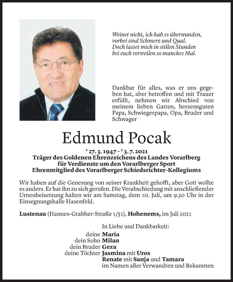  Todesanzeige für Edmund Pocak vom 06.07.2021 aus Vorarlberger Nachrichten