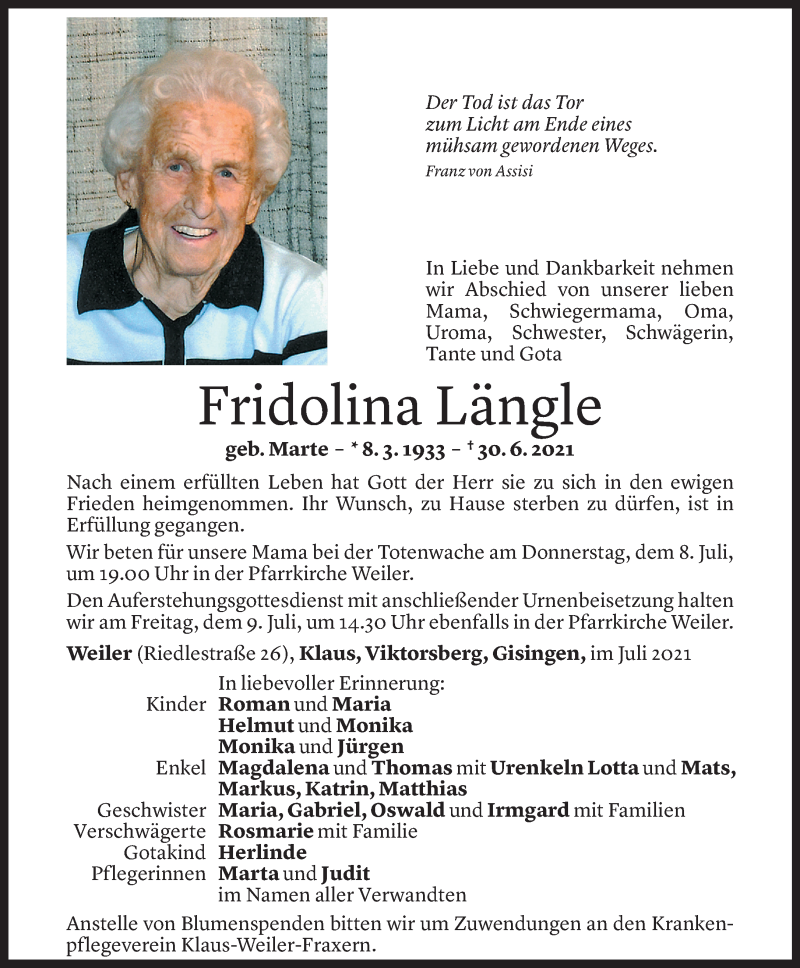  Todesanzeige für Fridolina Längle vom 06.07.2021 aus Vorarlberger Nachrichten