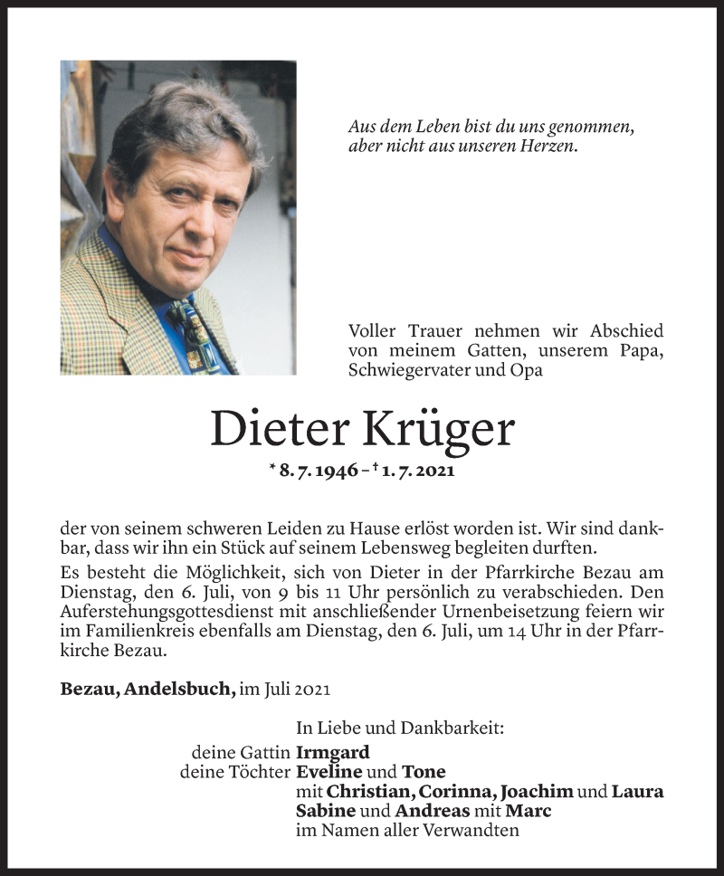  Todesanzeige für Dieter Krüger vom 04.07.2021 aus Vorarlberger Nachrichten
