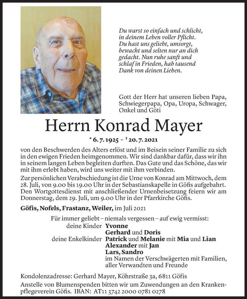  Todesanzeige für Konrad Mayer vom 26.07.2021 aus Vorarlberger Nachrichten