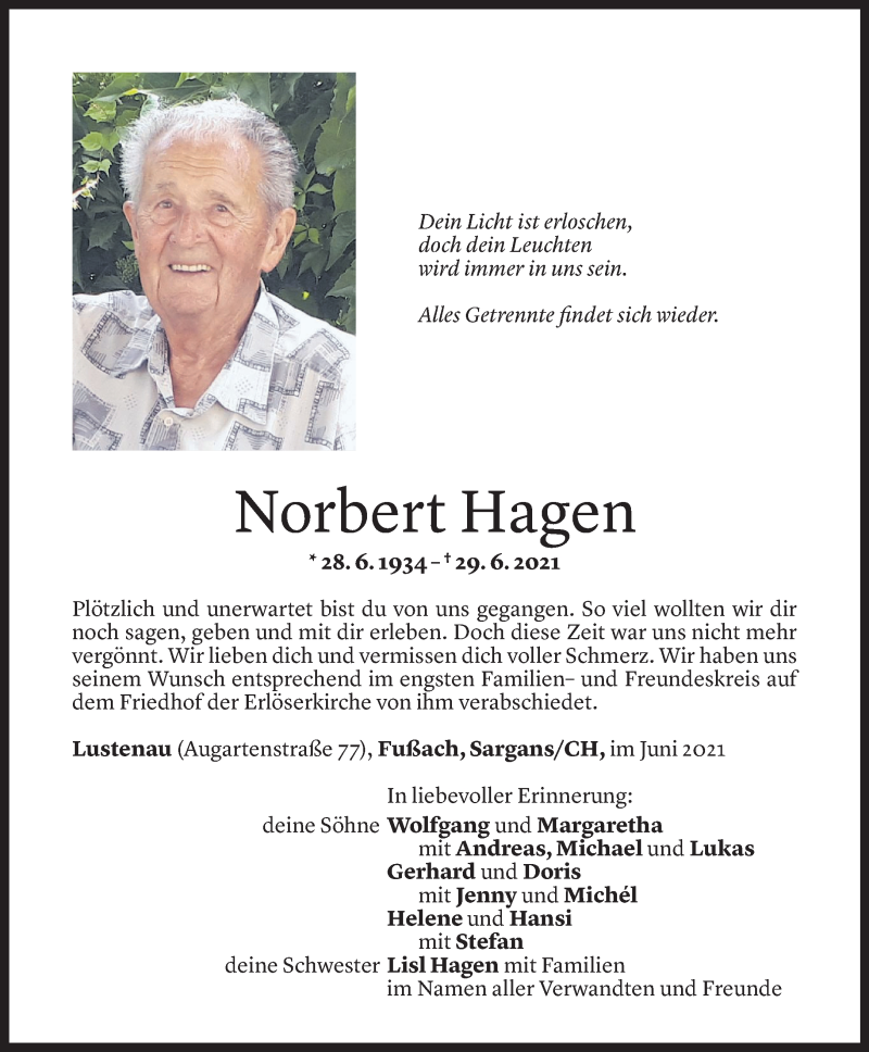  Todesanzeige für Norbert Hagen vom 02.07.2021 aus Vorarlberger Nachrichten