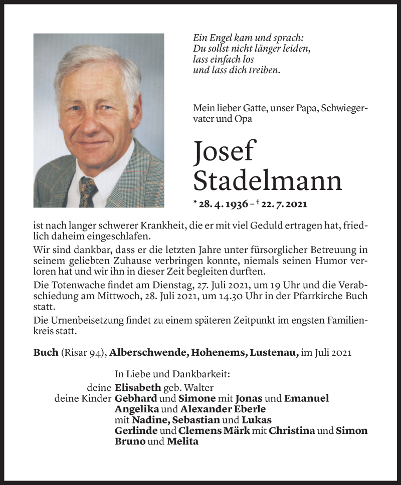  Todesanzeige für Josef Stadelmann vom 23.07.2021 aus Vorarlberger Nachrichten