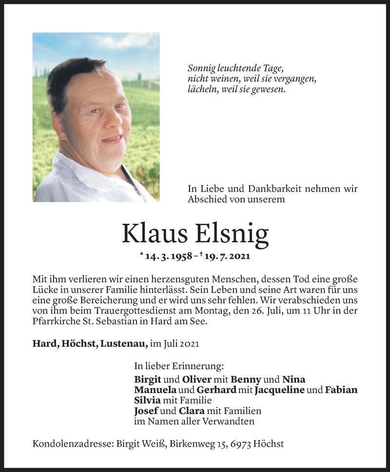  Todesanzeige für Klaus Elsnig vom 21.07.2021 aus Vorarlberger Nachrichten