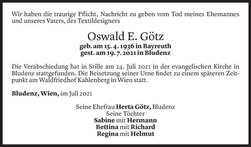  Todesanzeige für Oswald E. Götz vom 29.07.2021 aus Vorarlberger Nachrichten
