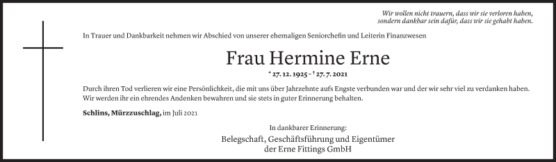  Todesanzeige für Hermine Erne vom 30.07.2021 aus Vorarlberger Nachrichten
