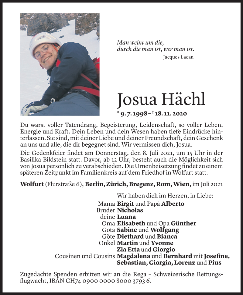  Todesanzeige für Josua Hächl vom 04.07.2021 aus Vorarlberger Nachrichten