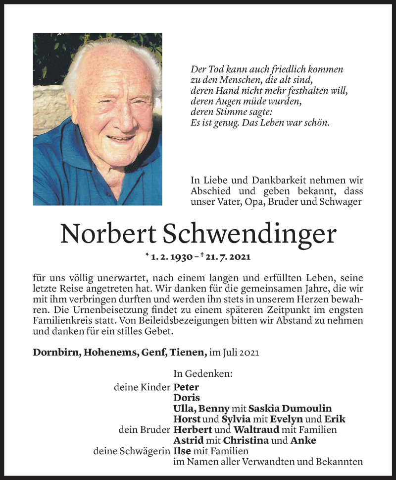  Todesanzeige für Norbert Schwendinger vom 26.07.2021 aus Vorarlberger Nachrichten