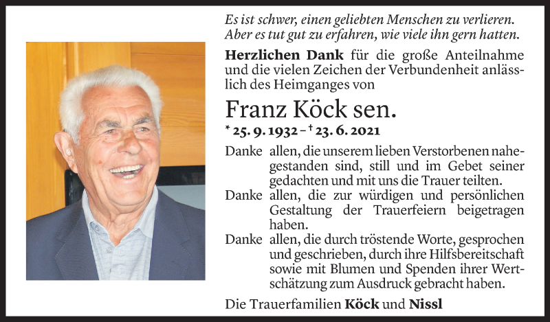 Todesanzeige für Franz Köck vom 30.07.2021 aus Vorarlberger Nachrichten